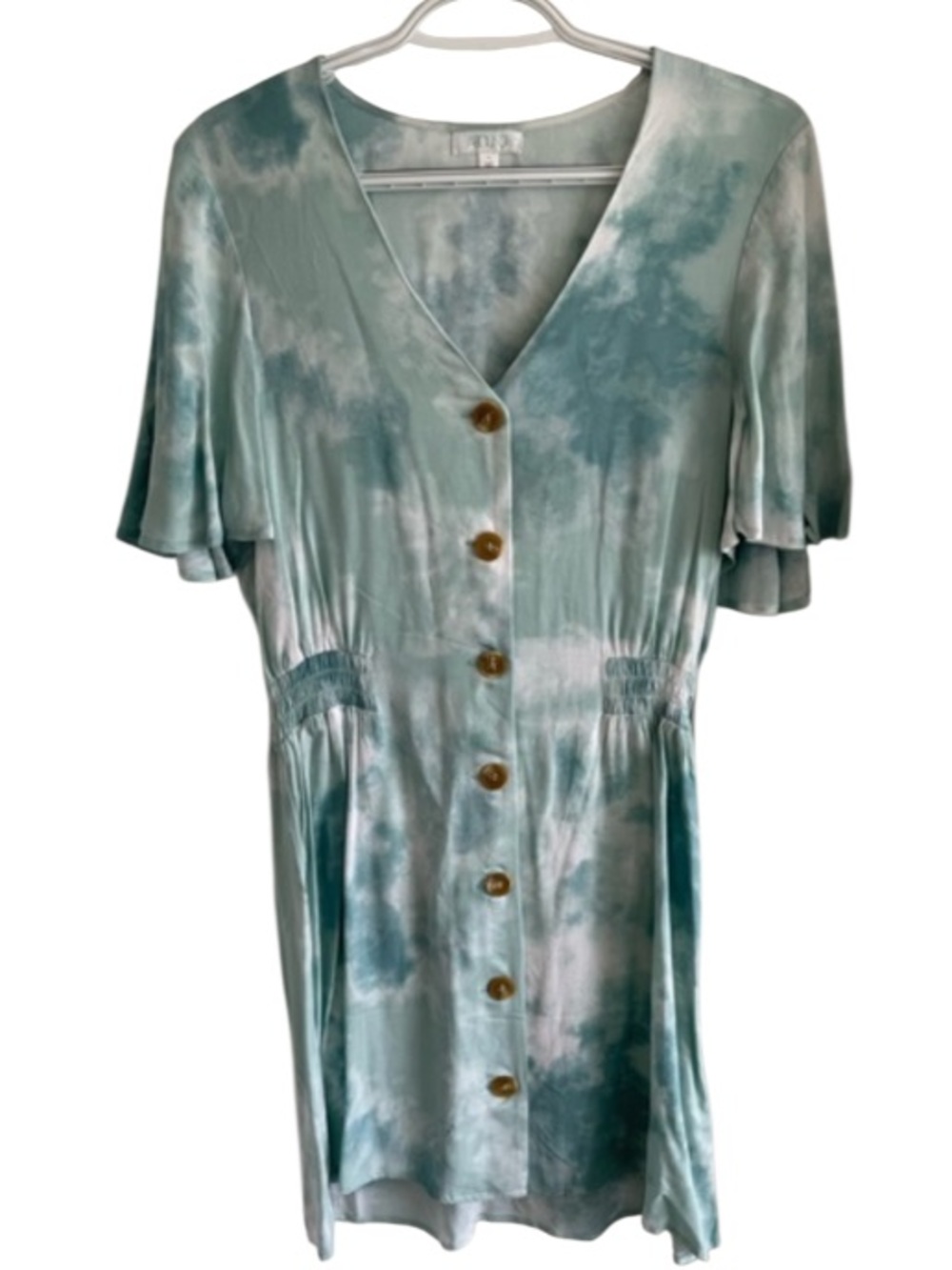 Abound Button-Front V-Neck Mini Tie-Dye Dress. Cinched waist. Size L.Lightweight